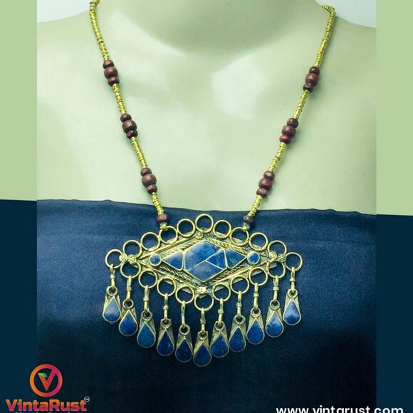 Lapis Lazuli Pendant Necklace With Beaded Chain, Handmade Beaded Chain Necklace, - Picture 2 of 12